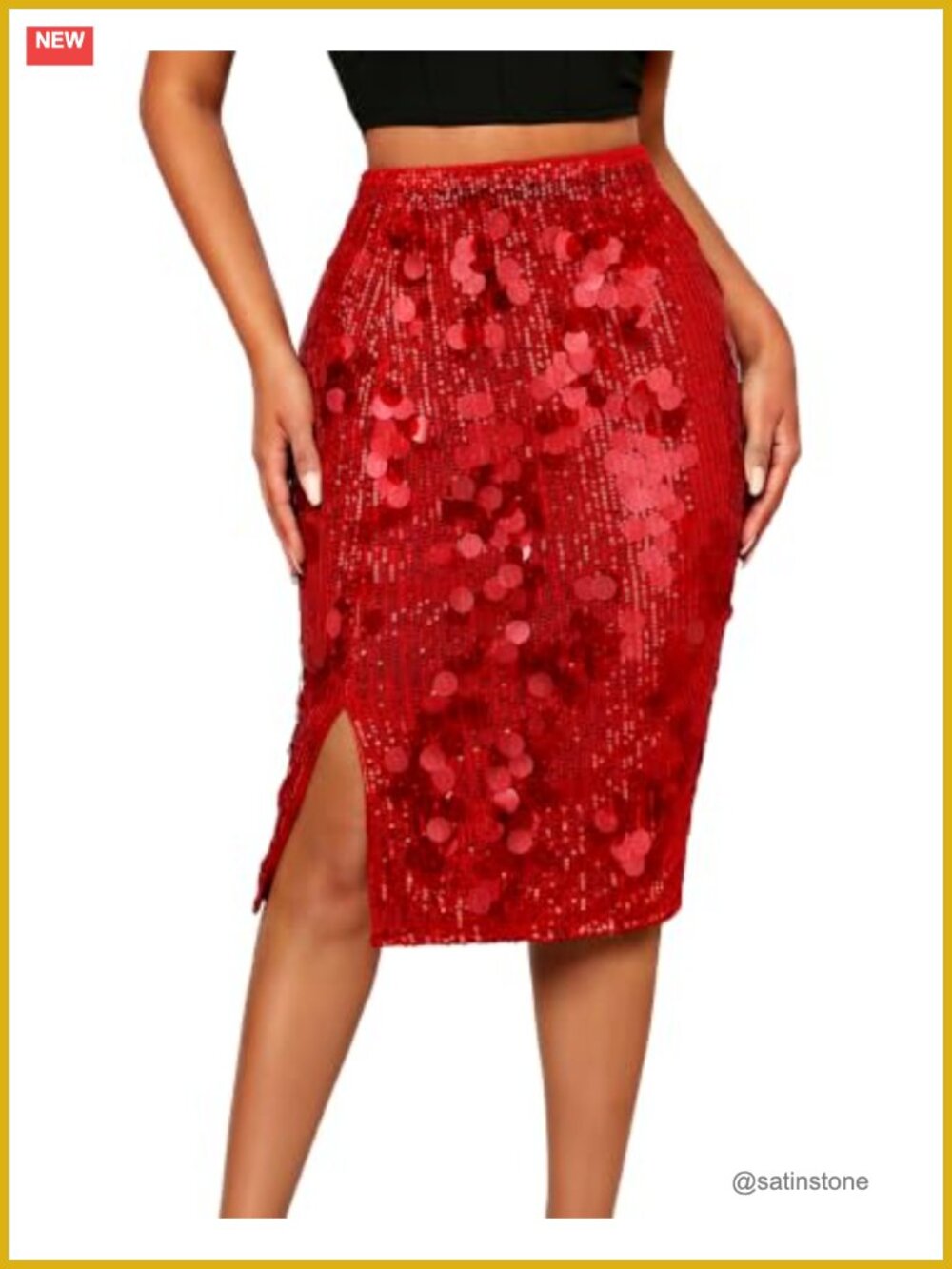 Women Sequin Skirt Side Slit High Waist Knee Length Stretchy Party Glam
